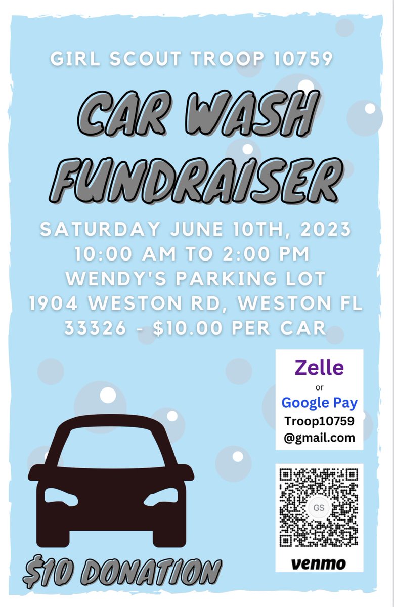 If you’re in South FL, please stop by the Wendy’s in Weston this Saturday for a carwash to support troop 10759. The girls are raising $ to go to the Clearwater Aquarium to learn about Marine Science and how to help marine animals. If you can’t go, consider donating $5 to help.
