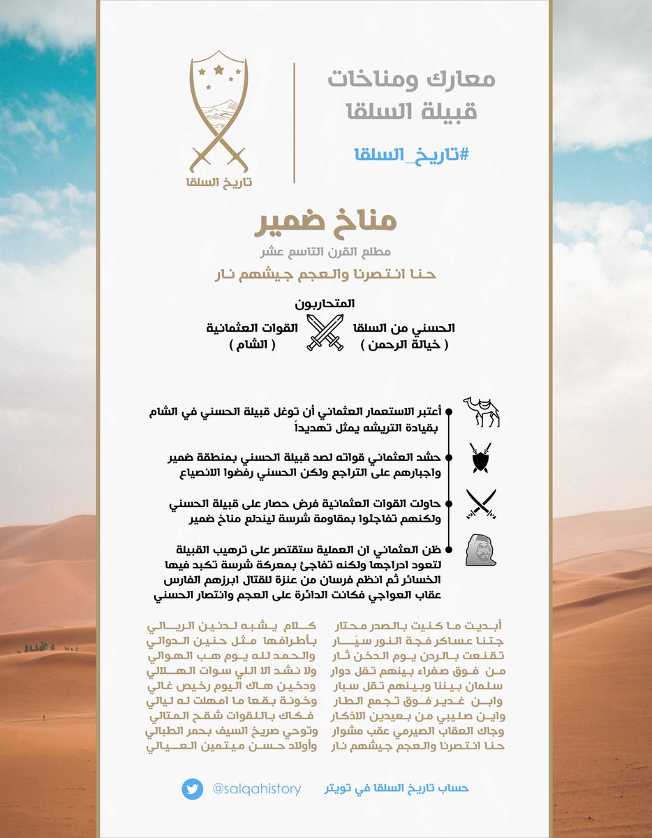 في مطلع القرن التاسع عشر ..
الحسني من السلقا يرفضون الانصياع لأمر العثماني ويلحقون به الهزيمة .. 

حـنـا انـتـصرنا والـعجم جـيشهم نـار 

مناخ ضمير