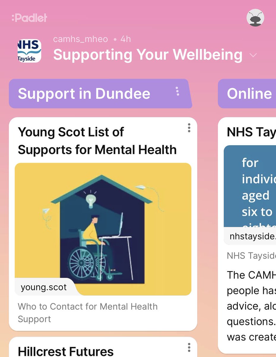 ⭐️ Supporting your Well-being ⭐️ NHS TAYSIDE CAMHS have loaded this padlet with lots of support @MonifiethHigh @mhs_asn @school_mhs @pcs_mhs @LiffPS @AuchterhousePS @seaview_ps @PrimaryGrange @MurroesP @mattocks_ps @BirkhillPrimary padlet.com/camhs_mheo/sup…