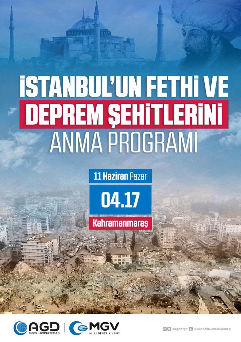 agdkadinankara's tweet photo. 📍İstanbul'un Fethi ve Deprem Şehitlerini Anma Programı
🗓 11 Haziran Pazar 
🕓 04.17
📌 Kahramanmaraş https://t.co/mh0KzHExMA