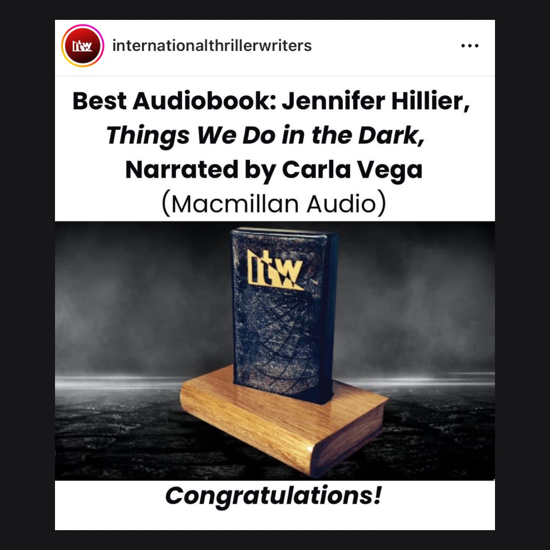 CaitlinDaviesNY's tweet photo. So excited to see that THINGS WE DO IN THE DARK by @JenniferHillier and narrated by @iamcarlavega won #BestAudiobook at the 2023 @thrillerwriters Thriller Awards! It was a pleasure to direct this audiobook for @MacmillanAudio #audiobooklove #audiobook #thrillerbook #audiobooks https://t.co/5TKw4oC5aI