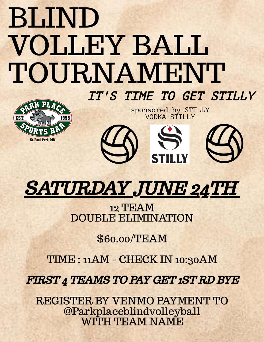 ParkPlace2's tweet image. Don&apos;t miss your chance to join the fun! Register now for our Blind Volleyball Tournament and get ready for a wild and exciting sporting experience. #BlindVolleyball #RegisterNow #FunAdventure #ComeJoinUs #VolleyballLovers #Parkplacesportsbar #Swandog