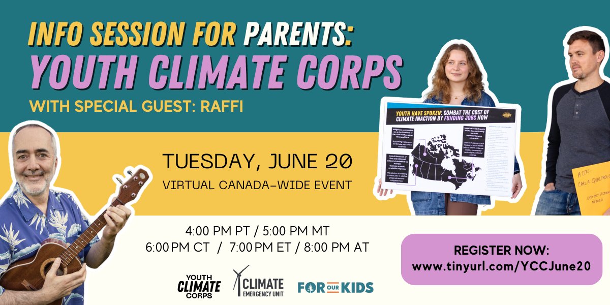 climate_unit's tweet image. Are you a parent who lies awake at night, worrying about your child&apos;s future? Want to know more about a YCC &amp;amp; the importance of good, green jobs for youth?

Join us &amp;amp; @ForOurKidsCAN on June 20 w legendary musician &amp;amp; passionate children&apos;s advocate, Raffi!

tinyurl.com/YCCJune20