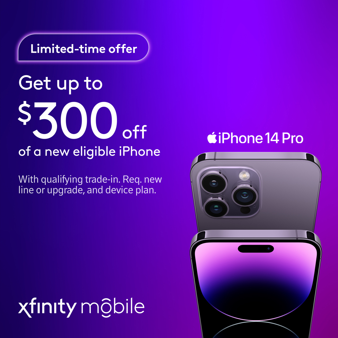 Xfinity's tweet photo. Trade up to pro. Switch to Xfinity Mobile and save on iPhone 14 Pro when you trade in your old phone.