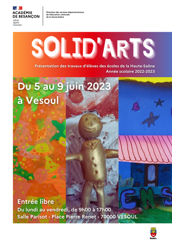 Vernissage de l'exposition Solid'Arts à Vesoul en présence de <a href="/GeraudVaysse/">Geraud Vaysse</a>, SG, et des autorités. Une centaine de classes y présentent leur production sur le thème de la solidarité en arts  plastiques, éducation musicale ou en danse. A voir jusqu'au 9 juin à la salle Parisot !