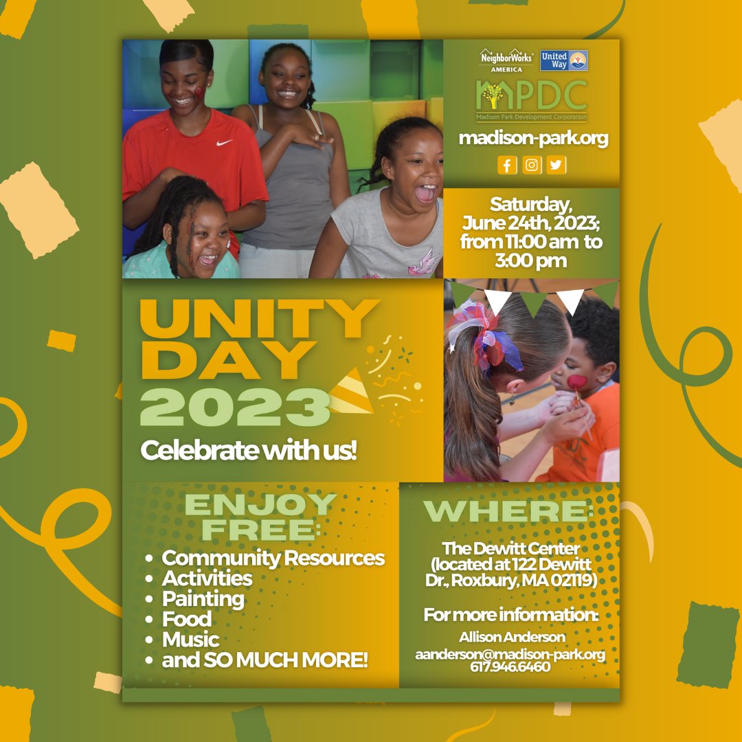 Hey, MPDC family! Happy #Monday. 😊 We’re excited to #share that Unity #Day is back for 2023 and it’ll be better than ever! Want more details? Read below! ⬇️ 

We hope to see you there! 👏🏾🤩

#MPDC #MPDCRox #Roxbury #BostonEvents #EventsinBoston #FreeBoston #ThingsToDoBoston