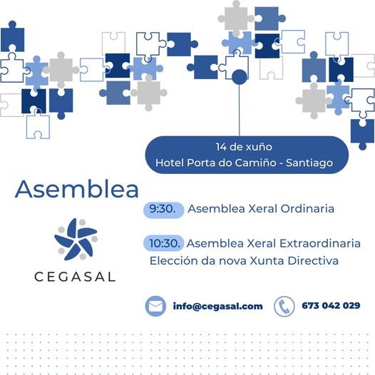 Cegasal_CEEIS's tweet photo. 📣 📅 O próximo mércores 14 de xuño ás 9.30 horas celebraremos a nosa Asemblea Xeral no 📍Hotel Puerta del Camino, en Santiago de Compostela.
📝 Para asistir, confirmade asistencia mediante correo electrónico a info@cegasal.com ou chamando ao ☎️ 673 042 029.
#CEEIS #Asemblea https://t.co/2dtelL5ORk