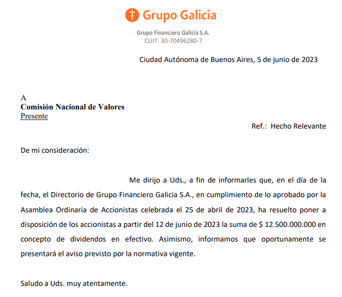 tomasra_'s tweet photo. $GGAL pone a disposicion de los accionistas un dividendo de $8.47.- el dia 12/06. https://t.co/4v0RxT1S46