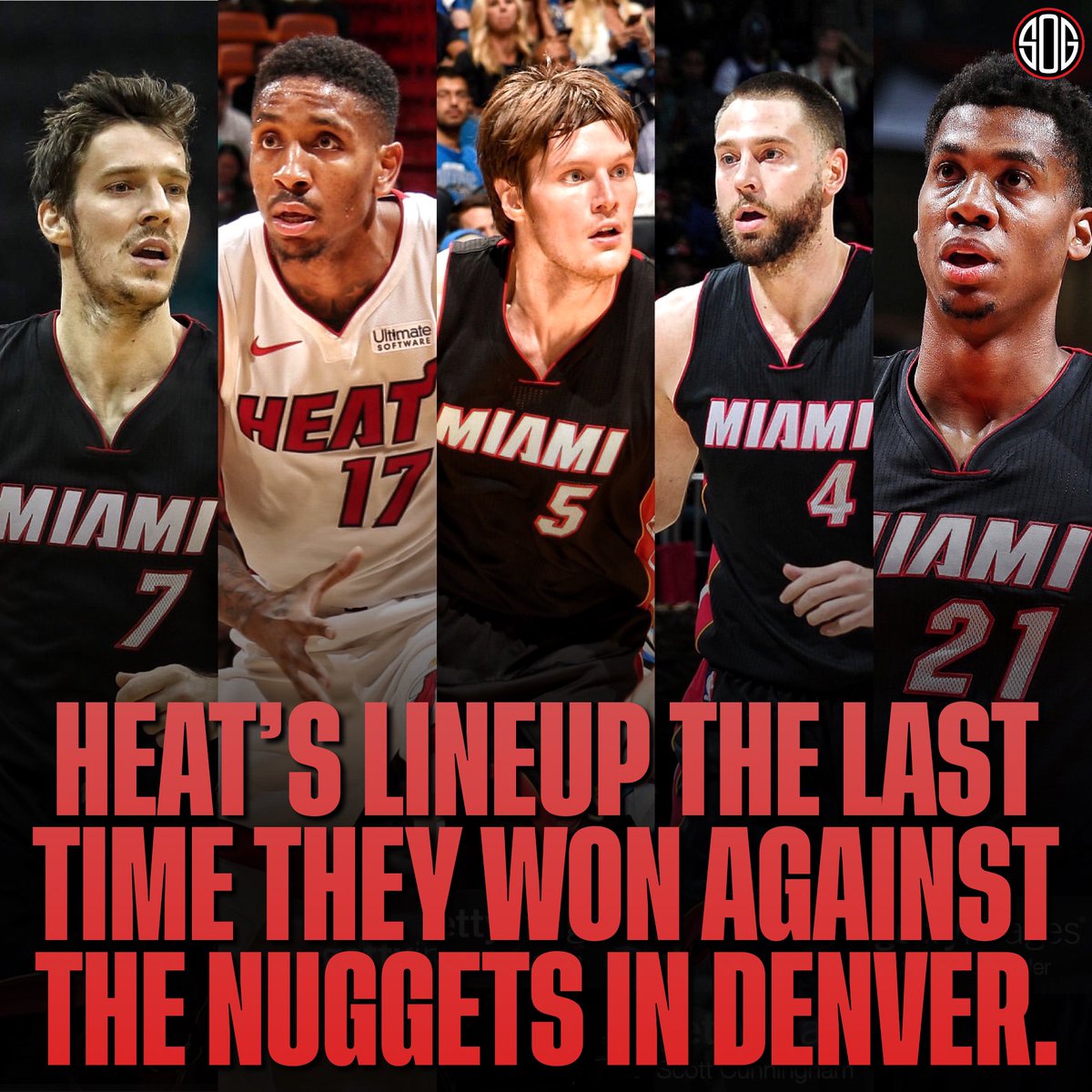 SOGBasketball's tweet photo. Before last night’s game, the last time the Heat won against the Nuggets in Denver was back in 2016, and this was their lineup. 

Can you name the starting 5? 🧐 https://t.co/kZyAbjLSqt