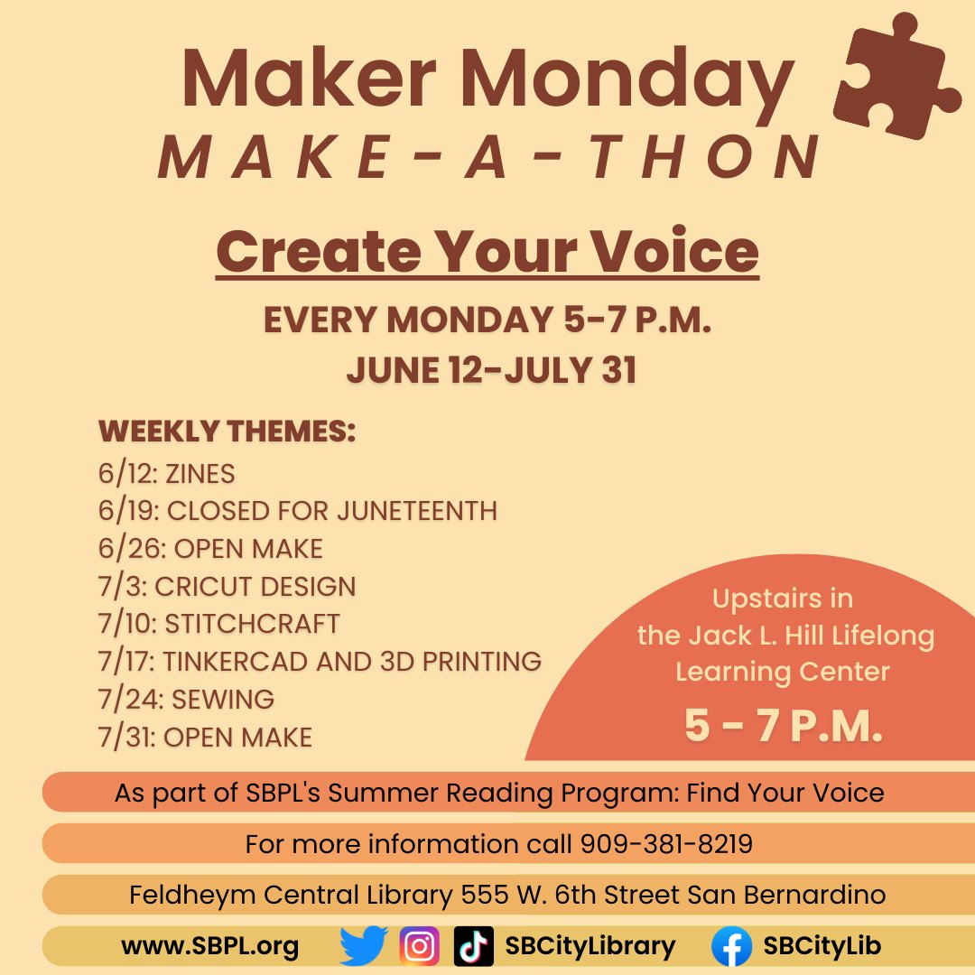 Did you know we have a maker space? It's almost time to give it a try! Join us for Maker Mondays at Feldheym starting June 12 at 5pm when you'll get a chance to make some zines. #SanBernardino #SanBernardinoPublicLibrary #SBPL #InlandEmpire #MakerSpace #Zine
