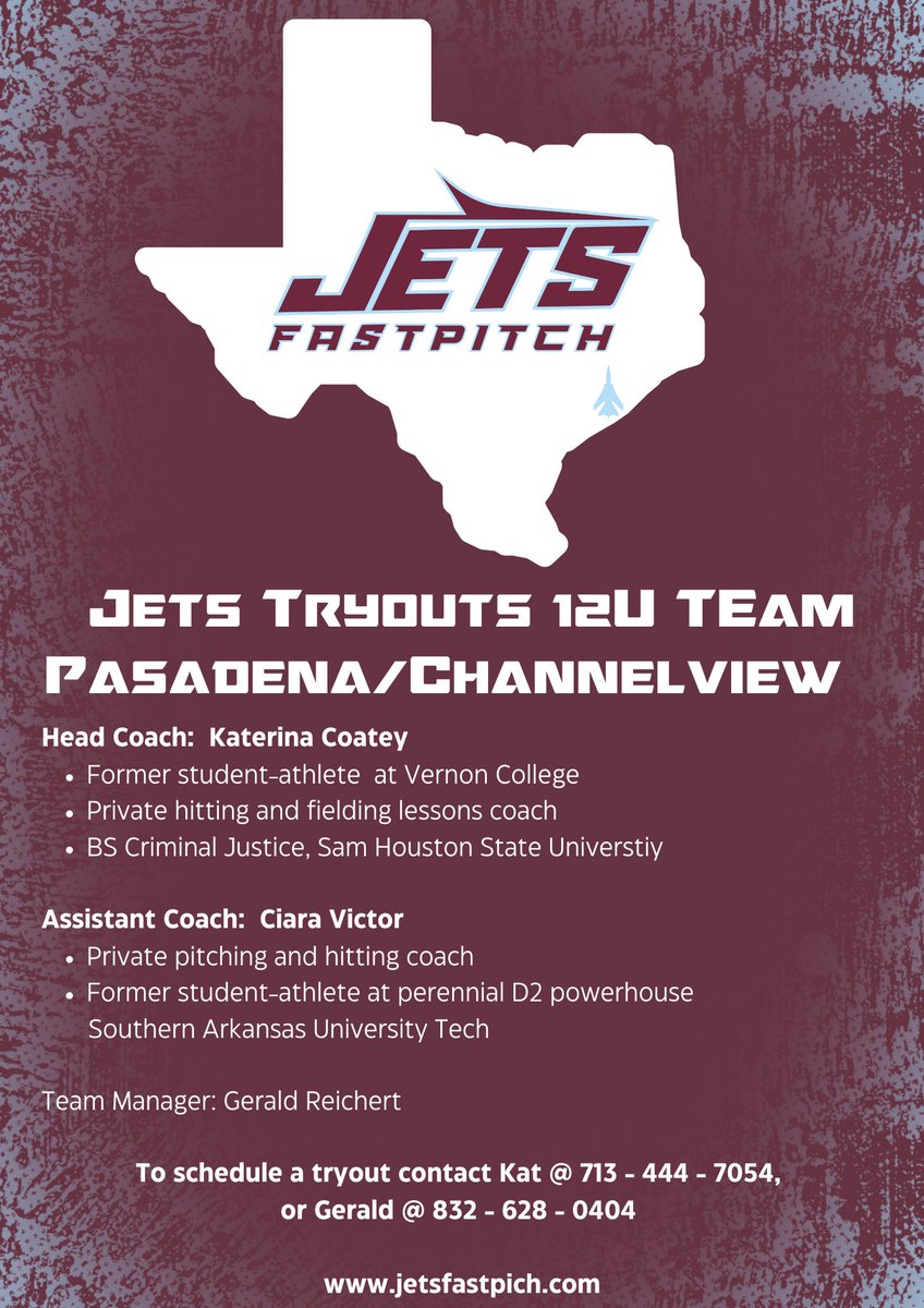 JetsFP's tweet photo. 🔥Jets Fastpitch Tryouts - 12U in the Channelview and Pearland area.  Two former collegiate athletes leading the coaching staff! Contact Kat or Gerald. Info on flyer! 👇 https://t.co/KdwMTWcXWW