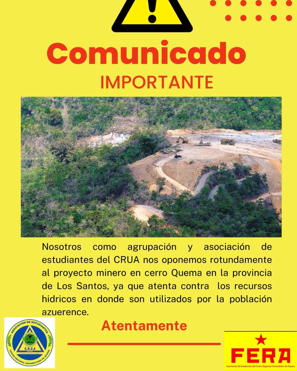 AzueroFera's tweet photo. El Frente Estudiantil Revolucionario de Azuerense, desde que se nació como agrupación Estudiantil, se formó para proteger el medio ambiente y los recursos Hidricos de la región Azuerense, no podemos permitir que este proyecto asesino, destruya la flora, la fauna de la región. https://t.co/1OFBXojzsS