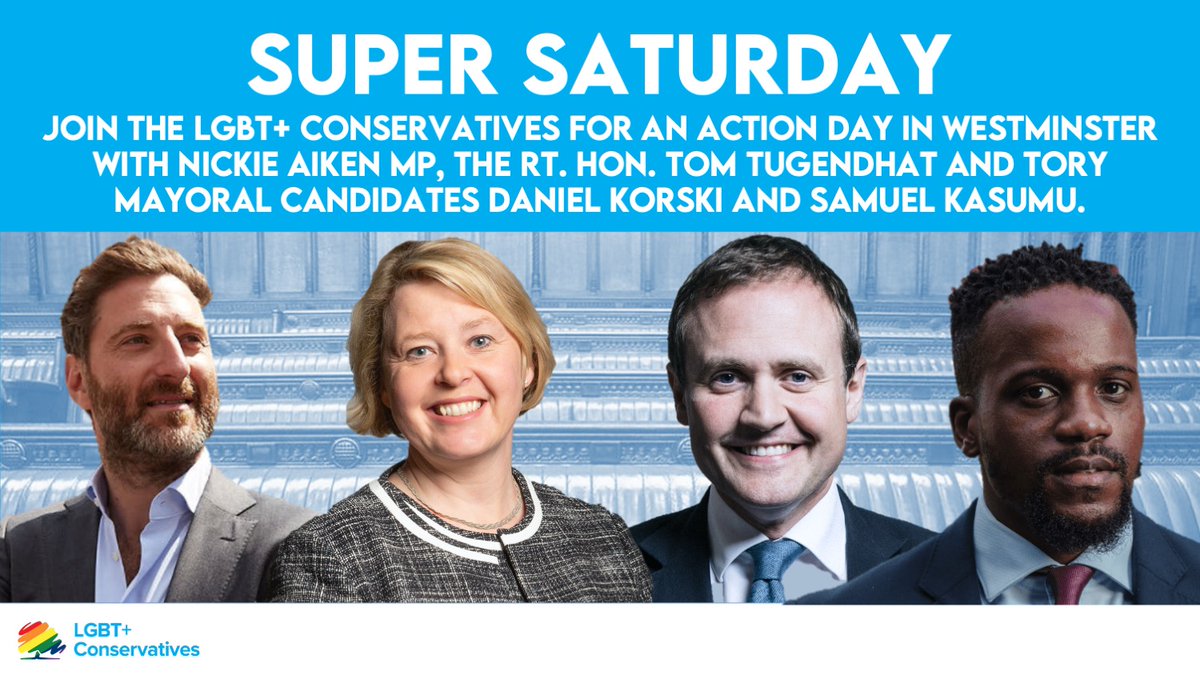 Join us for a Super Saturday with <a href="/twocitiesnickie/">Nickie Aiken</a> and the great people at <a href="/CLWCA/">CLWCA The Two Cities #TwoCities</a> 

We will be joined by <a href="/LGBTCons/">LGBT+ Conservatives</a> friend <a href="/TomTugendhat/">Tom Tugendhat</a> and <a href="/LdnConservative/">London Conservatives</a> Mayoral Candidates <a href="/samuelkasumu/">Samuel Kasumu</a> &amp; <a href="/DanielKorski/">Daniel Korski</a>.

📅 Saturday
📍 Pimlico
🕐 10:30

Message <a href="/lukerobertblack/">Luke Robert Black 🌳</a> for details.