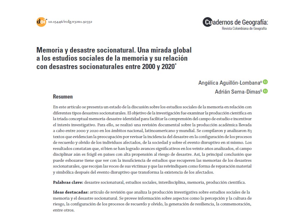 RGEOUNAL's tweet photo. 🌎📷En el #DíaDelMedioAmbiente, celebremos nuestro compromiso con el planeta. Te recomendamos este artículo sobre "Memoria y desastre socionatural".  https://t.co/JHknID4sSj… #LecturaConsciente #unal #Bogota https://t.co/CqzCGamnJ8
