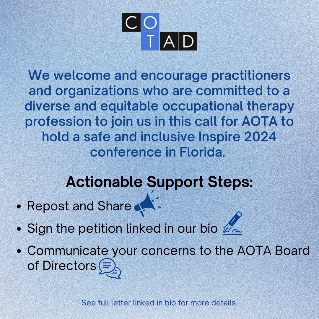 OTDiversity's tweet photo. Head over to the link in our bio for the full letter to AOTA with an in depth description of our call to action, as well as the link to our petition. 🔗 https://t.co/01BYdVPsXs