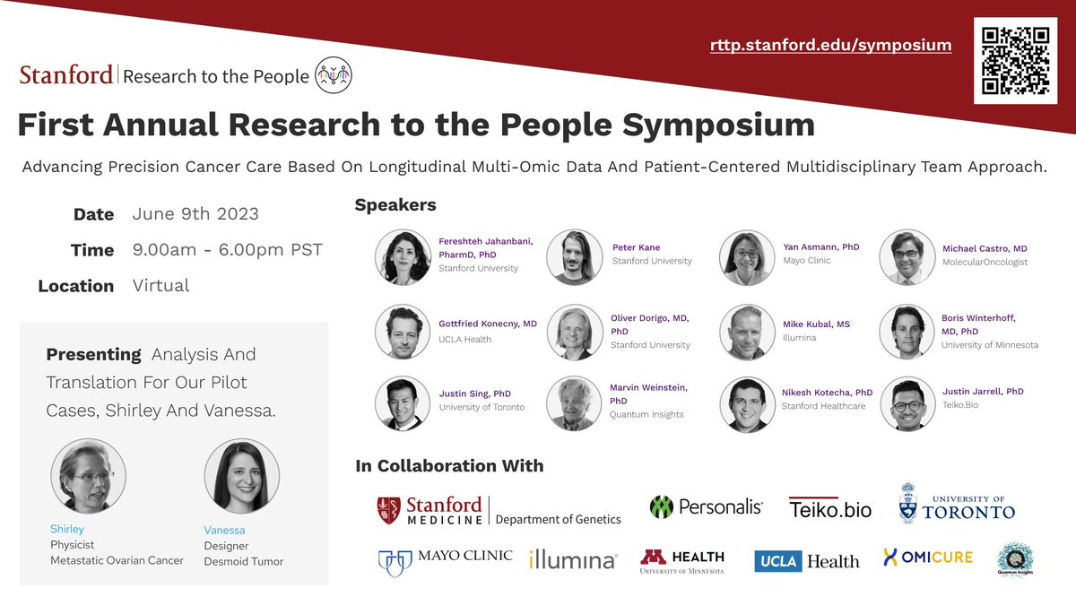 So many extraordinary Bioinformaticians and Oncologists collaborated on Shirley and Vanessa’s cases including: <a href="/TeikoBio/">Teiko</a> <a href="/JustinAJarrell/">Justin Jarrell, PhD</a> <a href="/UMNews/">University of Minnesota</a> <a href="/UCLAHealth/">UCLA Health</a> <a href="/MayoClinic/">Mayo Clinic</a> <a href="/illumina/">Illumina</a> <a href="/StanfordMed/">Stanford Medicine</a> <a href="/PersonalisInc/">Personalis, Inc.</a> <a href="/SomaLogic/">SomaLogic</a> Please Join us Friday June 9th! rttp2023.eventbrite.com