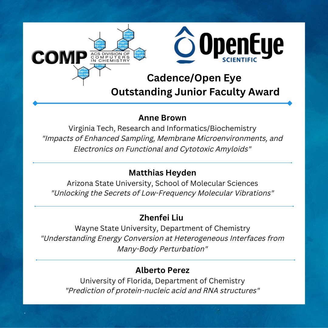 ACSCOMP's tweet photo. Congratulations to our Cadence/OpenEye Outstanding Junior Faculty Awardees: Anne Brown, Matthias Heyden, Zhenfei Liu, and Alberto Perez! Catch them presenting the topics below at the ACS Fall 2023 meeting! https://t.co/WJ3VLhtge9