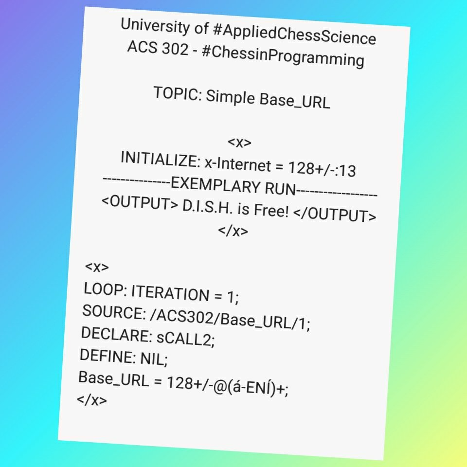 jawolusy's tweet photo. University of #AppliedChessScience
ACS 302 - #ChessinProgramming
TOPIC: Simple Base URL
#DISHisFree #ChessIntelligence https://t.co/d7QPVLCv9d
