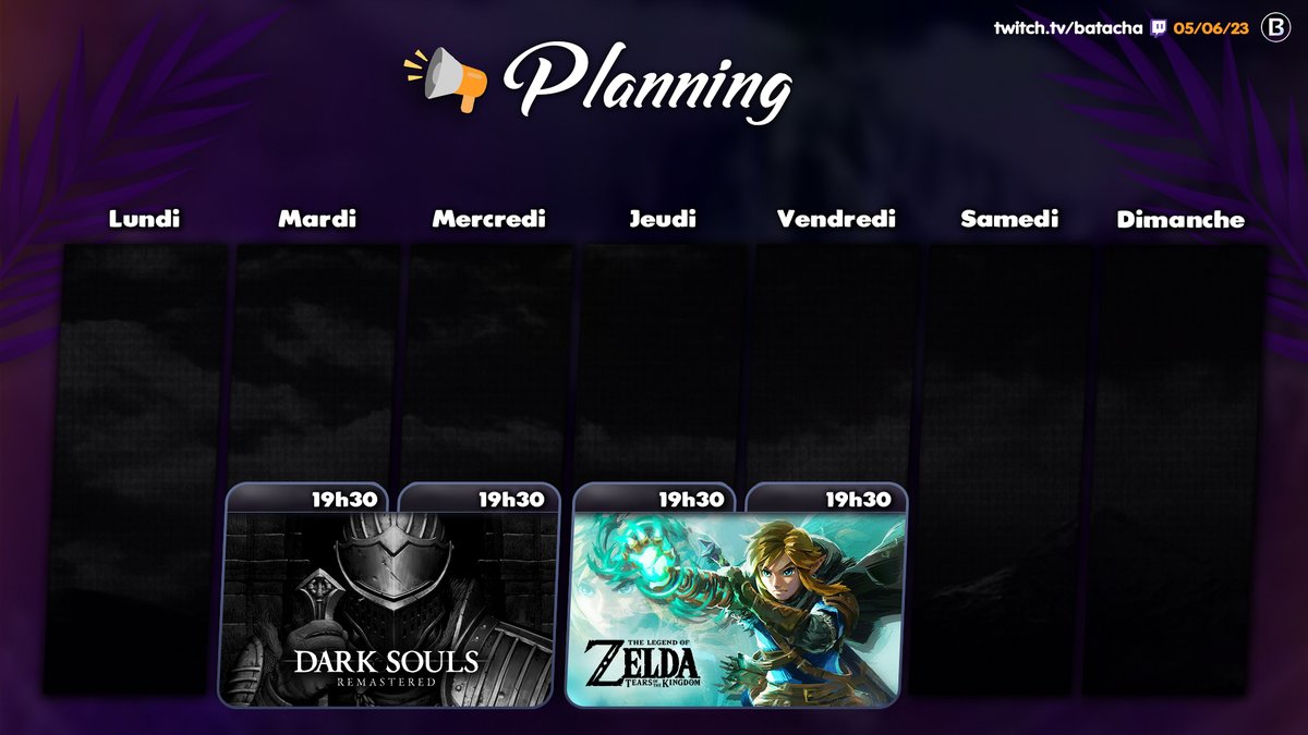 Batacha_'s tweet photo. 🗓️Planning Twouich
▶️https://t.co/mmz313LlDB
◽️ Double dose de #DarkSouls
◽️ Double dose de #ZeldaTearsoftheKingdom
(changement possible vendredi)
#TwitchFR #Batacha #Gaming #JeuxVidéo #Zelda #Fromsoftware #DarkSoulsRemastered https://t.co/UDAbnVm358
