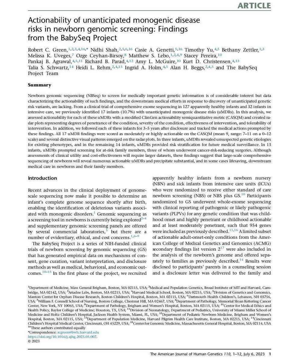 Our #BabySeq paper, out today, is significant for us. 

Data suggests &gt;10% of infants may carry unanticipated monogenic risks for actionable conds. that over 3–5 years will result in imp. medical consequences for those infants and their families. 

Read: bit.ly/43pzAw0