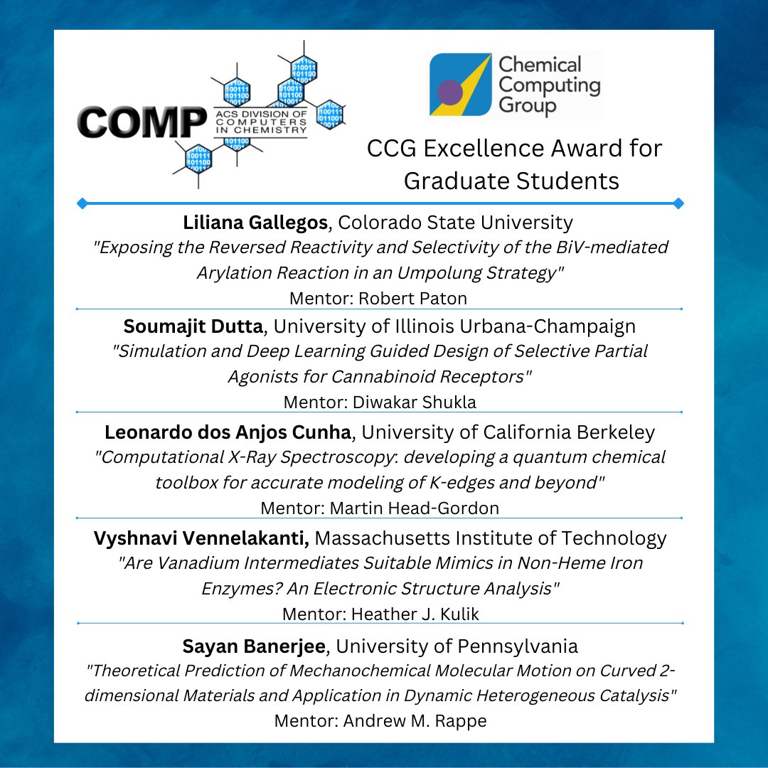 Congratulations to our <a href="/CCG_MOE/">CCG_MOE</a> Graduate Student Excellence Awardees: Liliana Gallegos, Soumajit Dutta, Leonardo dos Anjos Cunha, Vyshnavi Vennelakanti, and Sayan Banerjee! We are so excited to see you in San Francisco and hear about your amazing research!