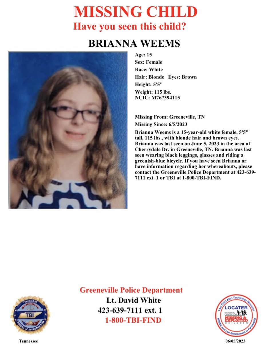 We're helping the Greeneville Police Department get the word out about 15 y/o Breanna Weems who was last seen Monday morning. 

If you have seen Breanna or have information regarding her whereabouts, please contact the Greeneville PD at 423-639-7111.