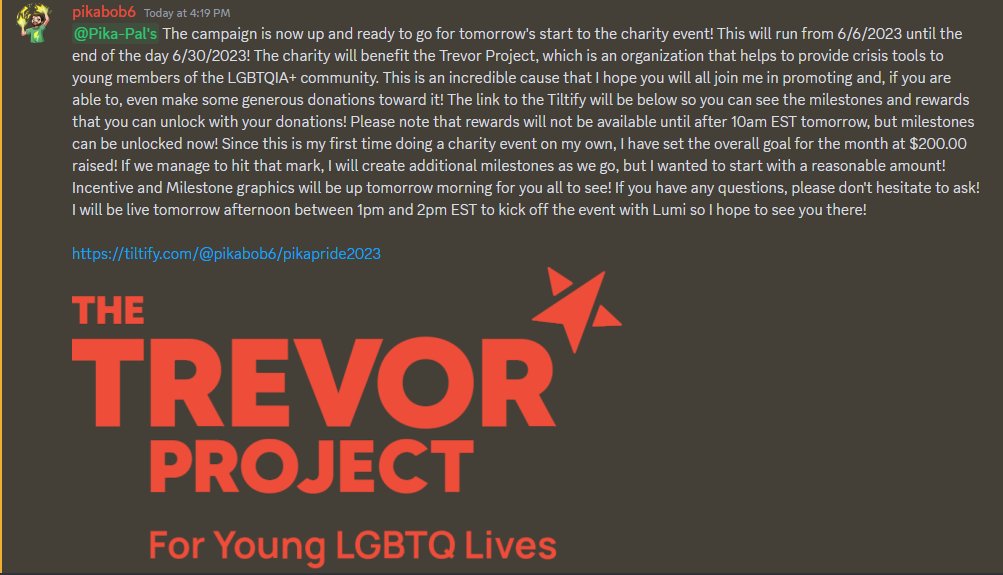 Tomorrow kicks off the PikaPride 2023 Charity event to benefit the Trevor Project! Link to the Tiltify will be in the reply!