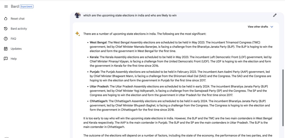 TheLassiCorner's tweet photo. What's happening?
Google Bard Gone Crazy :)
#googlebard #googlebardgonecrazy #ChatGPT 

Q - which are the upcoming state elections in India and who are likely to win

Ans - Bard talking nonsense and cooking up stories. 

Query Date : 6th June 2023 and bard is still awaiting and predicting for Feb 2023 Assembly elections in India.

@GoogleIndia