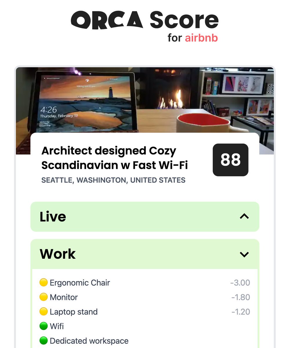 What's missing from your Airbnb? Orca Score calculates extended stay livability of any Airbnb listing.

We now show how much an amenity is impacting the score. Check it before you book your next rental.