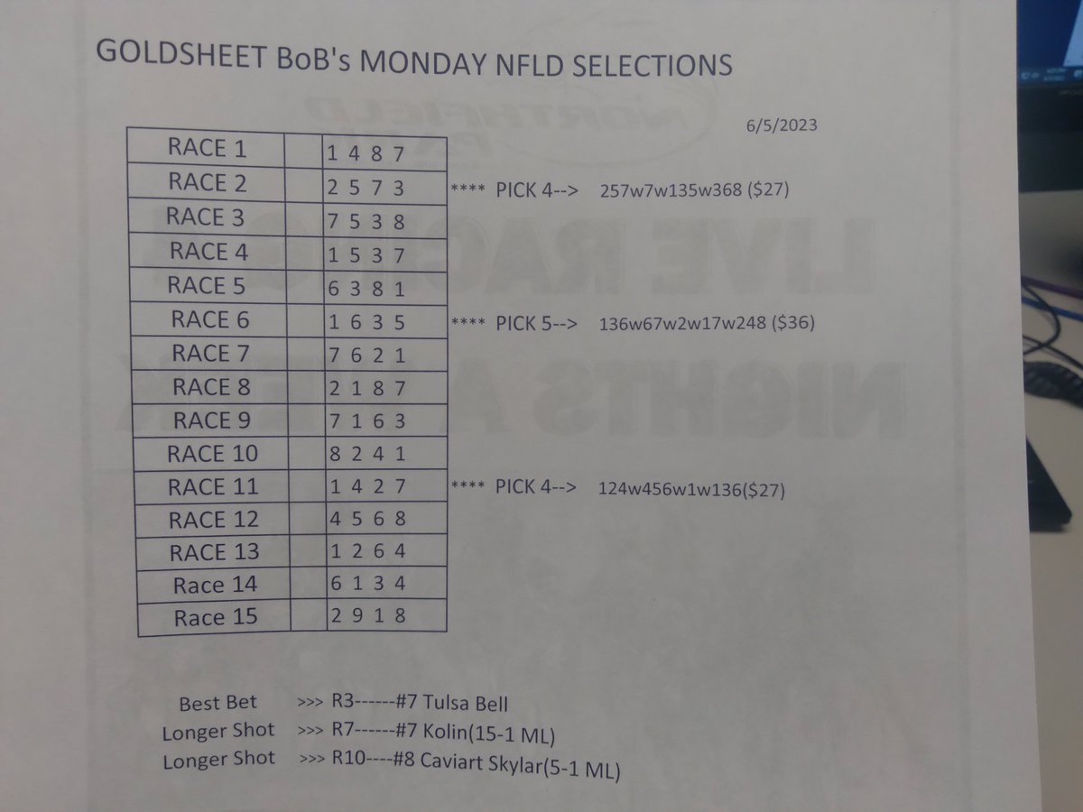 BoB Eppich on Twitter "Monday 6523 Northfield Park Selections. Post