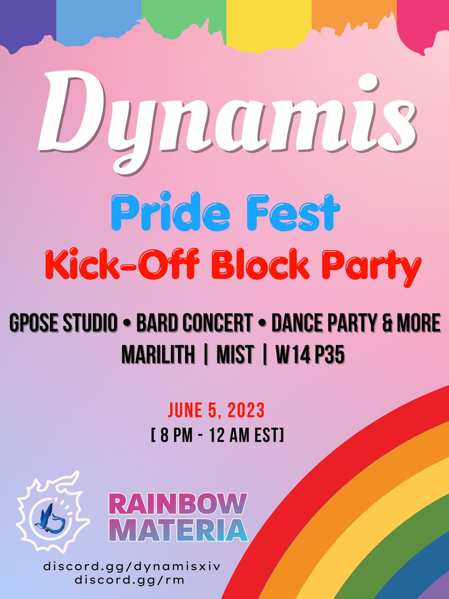 RainbowMateria's tweet photo. We've partnered with the Dynamis Data Center Discord for Pride this year! 

Tonight will be this kick-off party over on Marlith. Join us for some fun as we celebrate Pride in FFXIV!

Stay tuned for more NA and EU Pride events here and in the Discord! https://t.co/xDMM8BVJtj