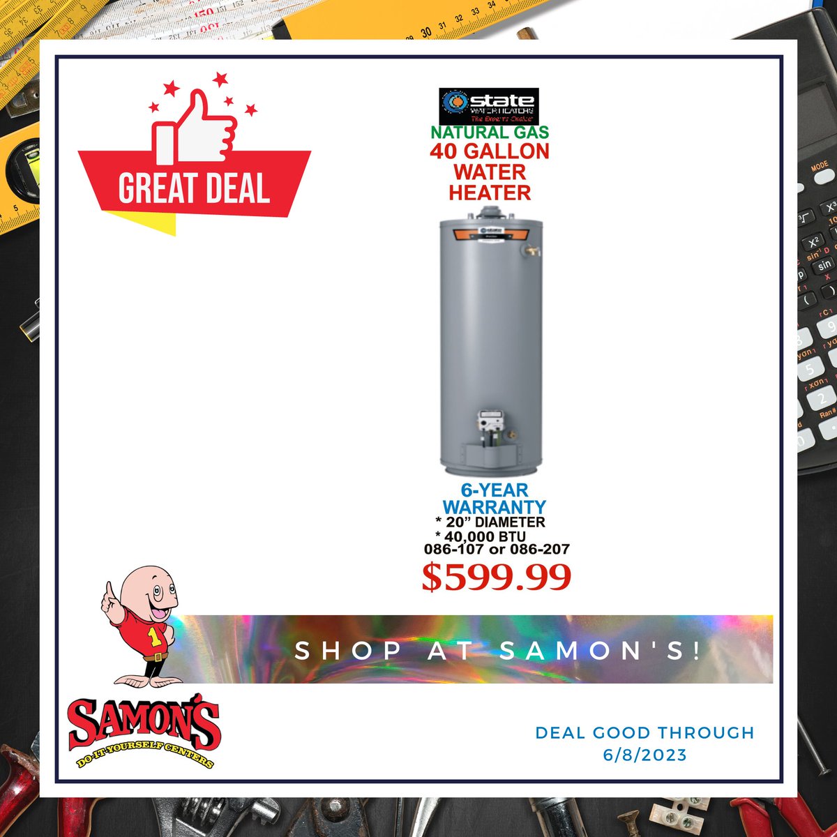 Hot Water, Cool Savings at Samon's! 🔥💧 Upgrade Your Home with Our High-Efficiency Water Heaters. Say Goodbye to Cold Showers and Hello to Luxurious Warmth. Don't Miss Out on Our Scorching Deals! 💦✨ 

#HotWaterSolutions #WaterHeaterDeals #SamonsDIY