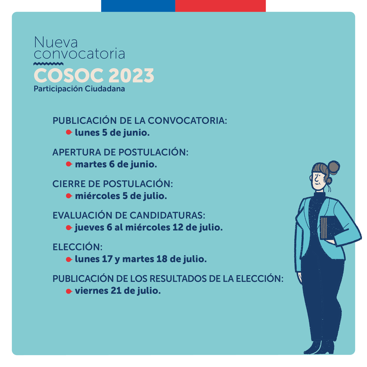 El Ministerio de Relaciones Exteriores comunica una nueva convocatoria para las elecciones de su Consejo de la Sociedad Civil 2023. 
Para participar y conocer más información revisa el siguiente enlace: participacionciudadana.minrel.gob.cl