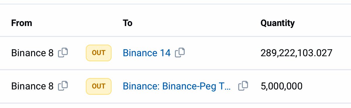 Amidst the #Crypto news today, the top #Jasmy holder #Binance 8 just made two transactions sending 289 million $Jasmy tokens to the Binance 14 wallet and another 5 million to its Binance-Peg. The hedged Binance 8 wallet now holds a perfect 9.8 billion or 19.6%