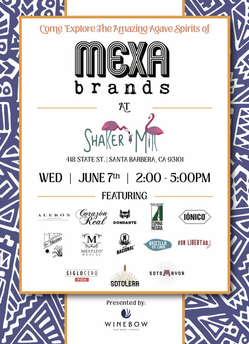 Looking forward to seeing you tomorrow on the Central Coast of California for our @Winebow Mexa TradeShow!

June 6th, 1-4pm at #thehotelslo & June 7th, 2-5pm @ShakerMillSB

#mexicanspirits #fromsouthtonorth #rum #pox #mezcal #raicilla #sotol #sangrita #sanluisobispo #santabarbara