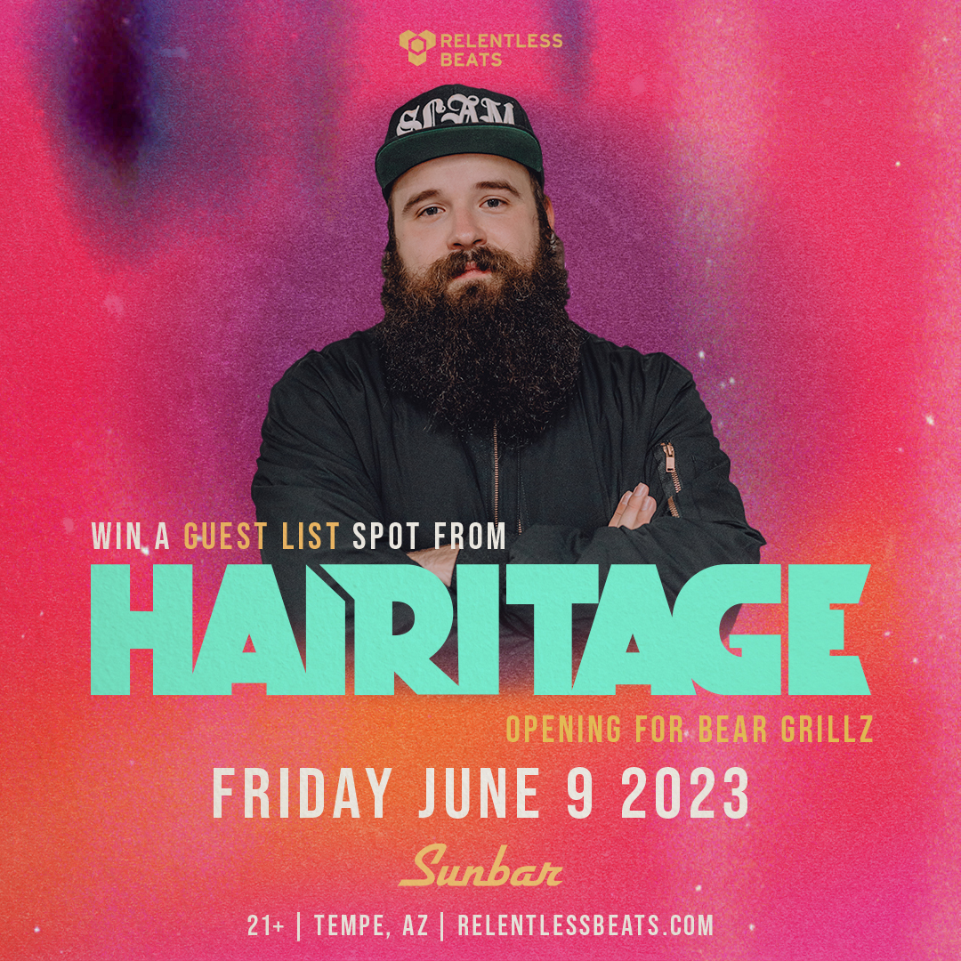 RelentlessBeats's tweet photo. 🔥 CONTEST! Buckle up, @HairitageMusic is taking us on a wild ride as he joins @itsbeargrillz at Sunbar THIS FRIDAY! Wanna earn a spot on his guest list?!

1. RT
2. Tag a friend + comment why you want to win
3. Must follow @RelentlessBeats &amp; @HairitageMusic https://t.co/BxSRXbjLnK