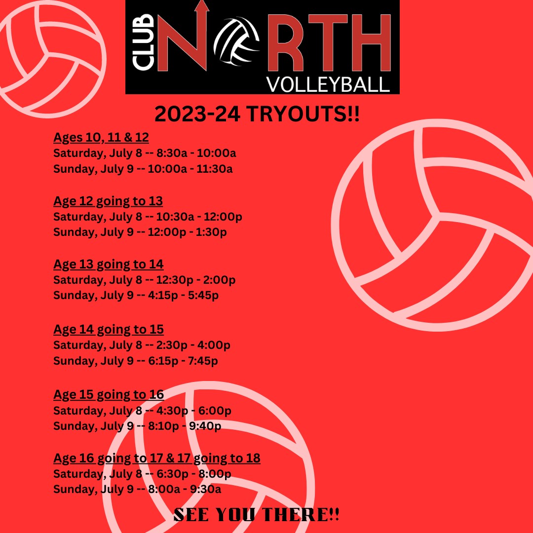 Our 2023-24 TRYOUTS are posted!!! 
Dates: July 8th &amp; 9th
Location: 5108 NW Waukomis Dr., Riverside, MO  64151
Click this link to get more information and sign up!!  clubnorthvb.com/2023-tryout-si…
#mizunoclubnorth ❤️🏐🖤