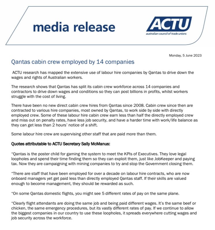 Media release: Qantas cabin crew employed by 14 companies