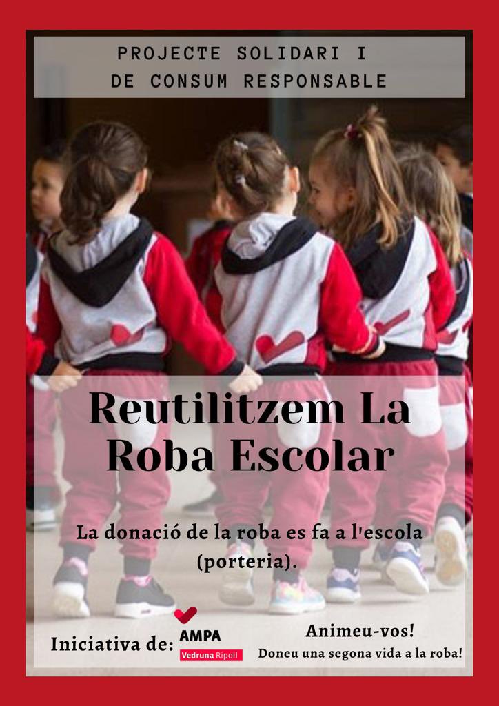 📣Enguany seguim amb REUTILITZEM LA ROBA ESCOLAR, solidaritat i consum responsable. ♻️
Donem més vida a la roba escolar tot reduint les despeses de les famílies. 👕👚👖

Feu donatius de la roba escolar en bones condicions per a què es pugui adquirir de segona mà!

Animeu-vos!