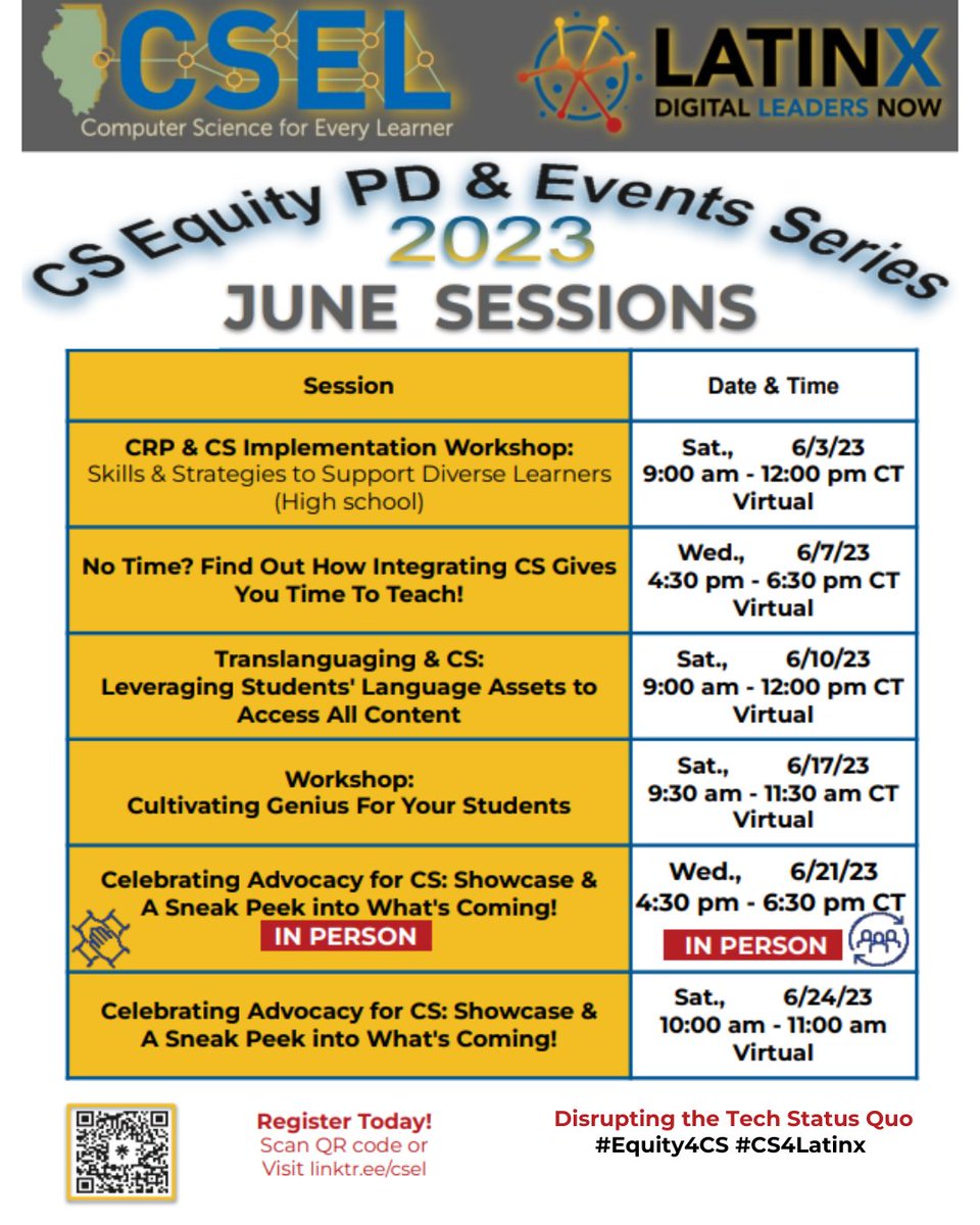 Mark your calendars and save your spot for these sessions in June. Join our industry experts as they share their strategies and tips to support diverse learners! Brought to you by our partners @latinxdln and #CSEL 

Register Here:
linktr.ee/csel?utm_mediu…