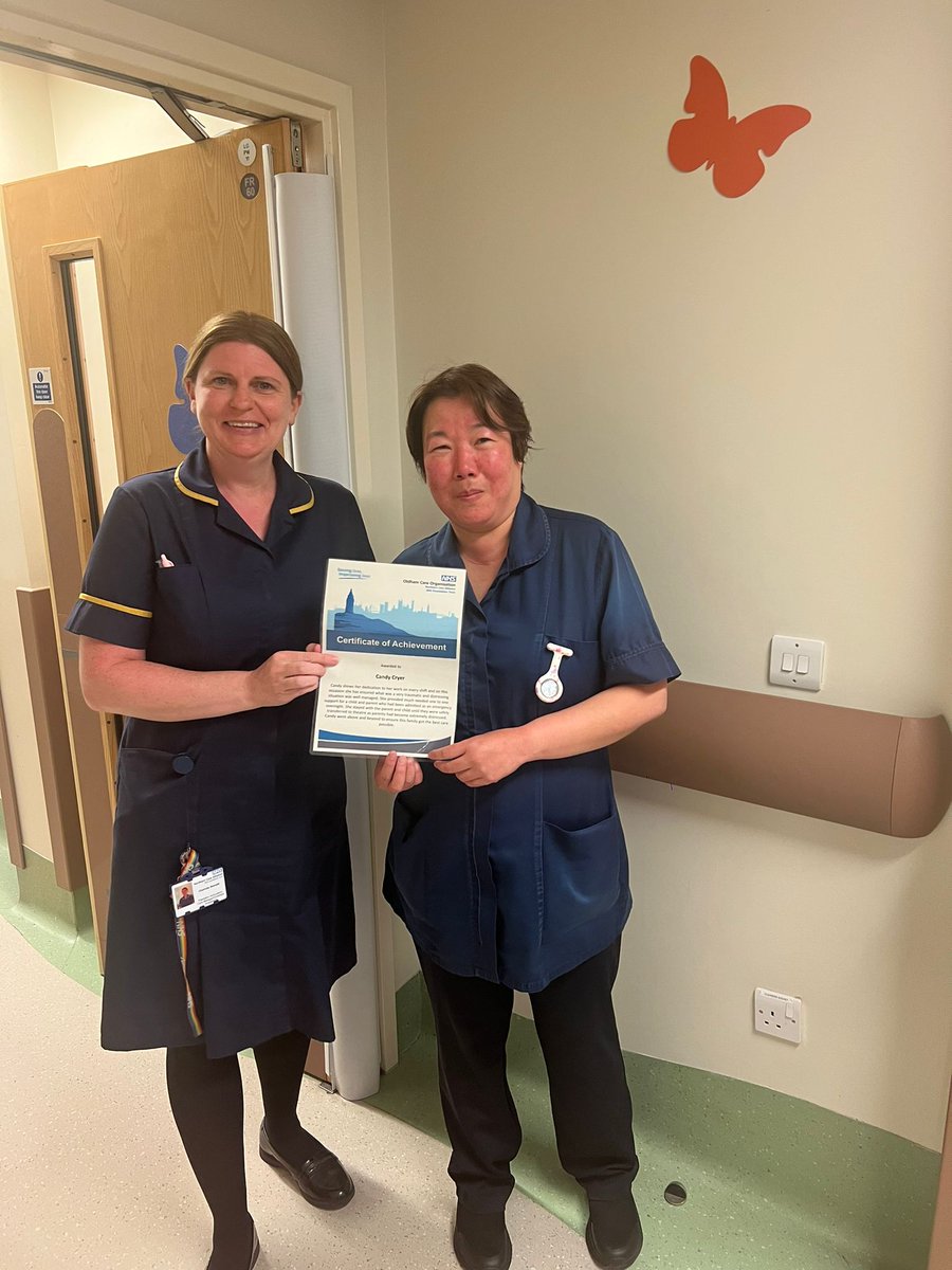 Sister Candy Cryer being awarded a certificate of recognition by our Lead Nurse Charlotte. Candy truly demonstrated a family care approach when supporting a child and family in an emergency situation recently, Candy truly went above and beyond. Well done from all the team xxx