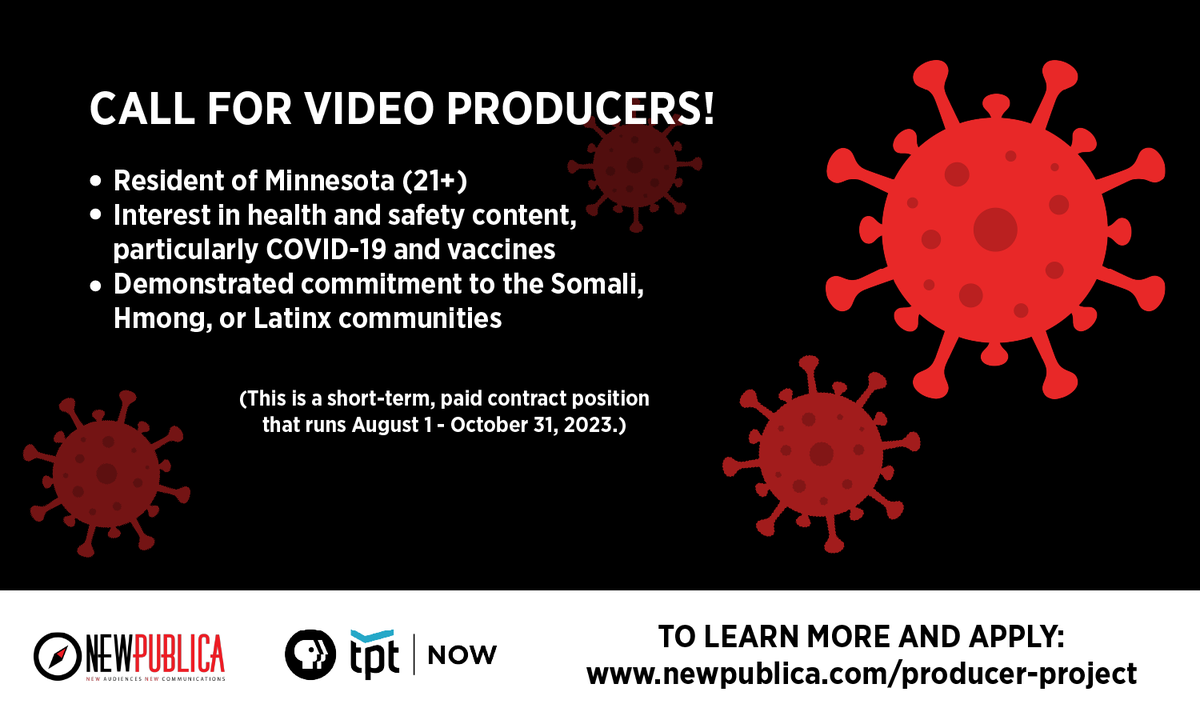 NewPublica's tweet photo. Attn Hmong, Somali &amp; Latinx producers in MN! Here's your chance to make a positive impact in your community!

$4k for a 3-month, PT contracted position (8/1 – 10/31) creating short form content around COVID/vaccines.

Apply by 6/30: https://t.co/hWpxGk3ila https://t.co/OS86OQiArn