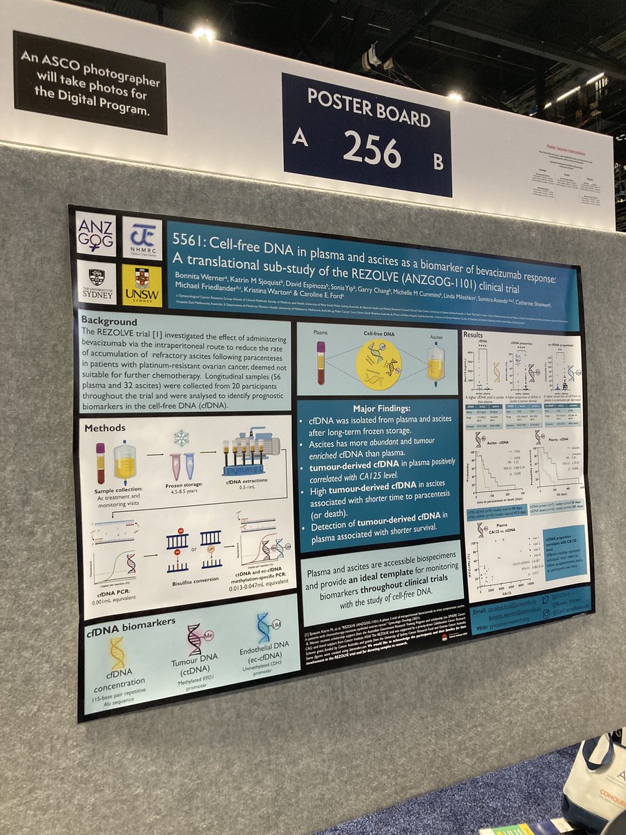 Excited to be presenting the results of our REZOLVE (ANZGOG-1101) translational sub-study today in the #GynaecologicalCancer poster session at #ASCO2023 

If you’re interested in #ctDNA #cfDNA #ascites #TranslationalBiomarkers come check it out!