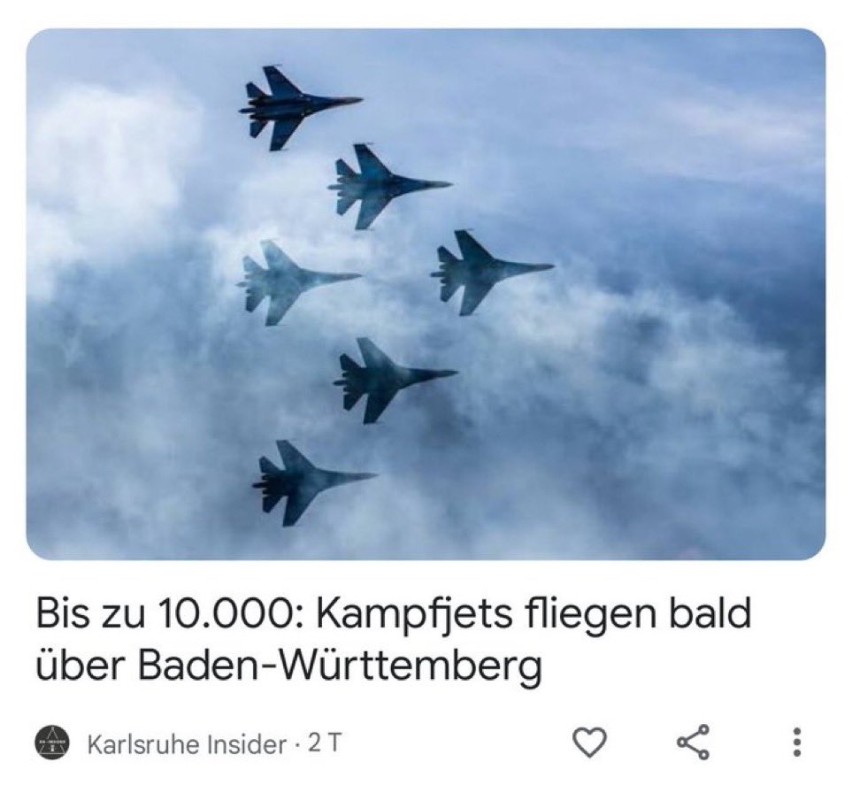 🤣 Das auf dem Bild sind 🇷🇺RUSSISCHE Kampfflugzeuge, und woher dieser Karlsruhe-'Insider' die '10.000' hernimmt, ist mir auch ein Rätsel...

#AirDefender23 #BadenWürttemberg #RUAF