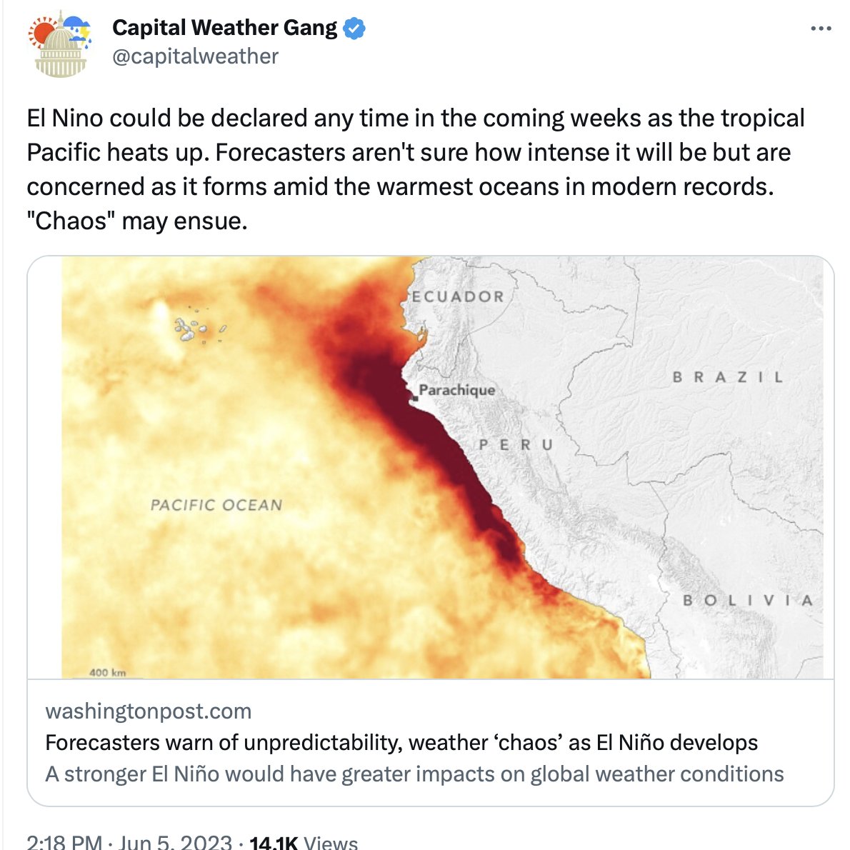 El Nino, caused by nature, not emissions.

But the media will forget that as soon as El Nino and possibly more warming hits.

Be prepared: junkscience.com/2023/01/milloy…