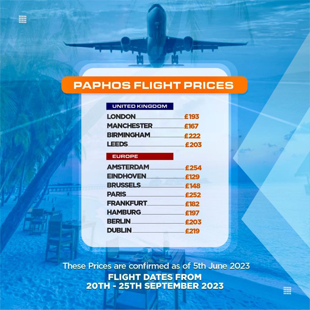 tbkevents's tweet photo. UPDATED ✈️ prices to Paphos 

Where are you flying from? We got you 😜

Purchase your tickets 🎟️ before these prices change 

Secure your event tickets on https://t.co/5MeIJ4xGis or on SHOOBS https://t.co/FETtFhi0p2