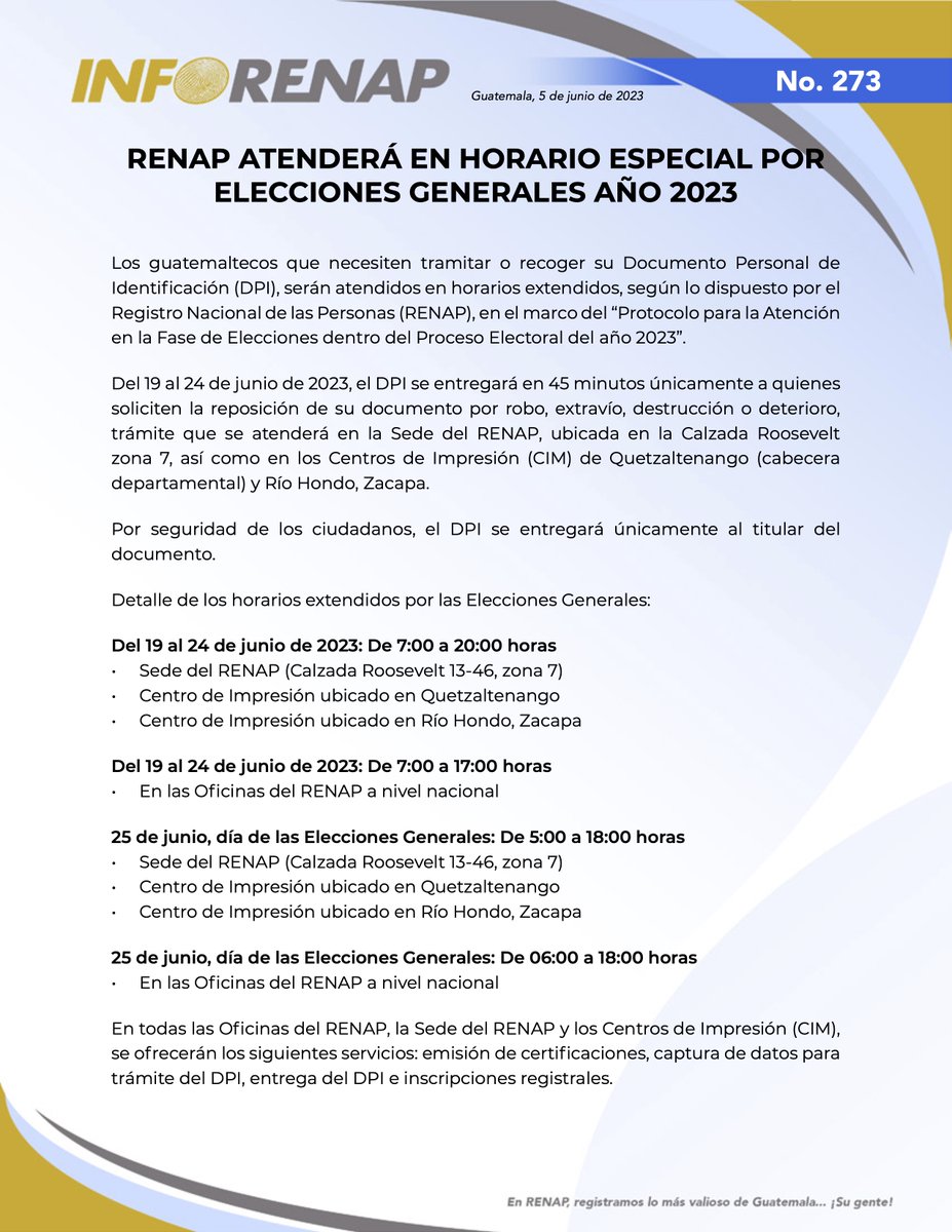 renapgt's tweet photo. #InfoRENAP 
Estos son los horarios especiales de atención del #RENAP por las Elecciones Generales 2023 👇 https://t.co/L57q3mVdFm