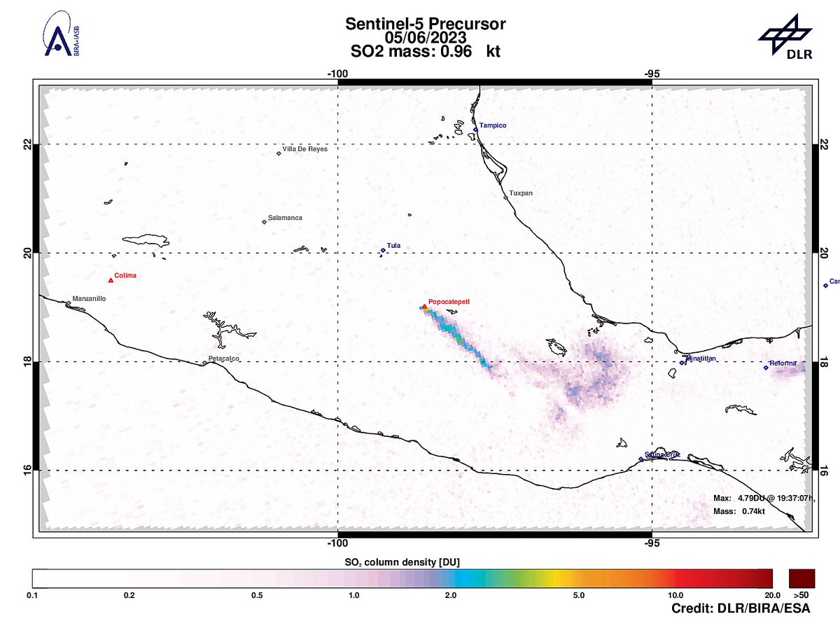 On 2023-06-05 #TROPOMI has detected an enhanced SO2 signal of 4.79DU at a distance of 7.4km to #Popocatepetl. @tropomi #S5p #Sentinel5p @DLR_en @BIRA_IASB @ESA_EO #SO2LH
