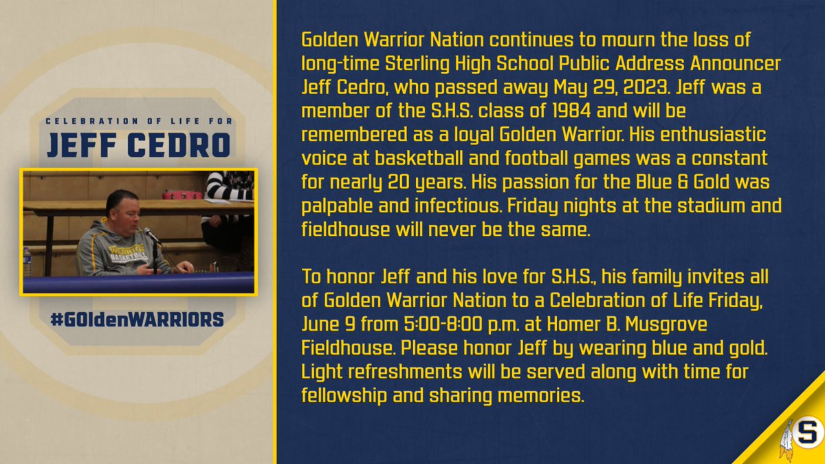 Please join us as we spend one final Friday night in the Fieldhouse with Jeff Cedro.

RIP to one of the biggest Golden Warrior fans ever. 🙏

#GOldenWARRIORS