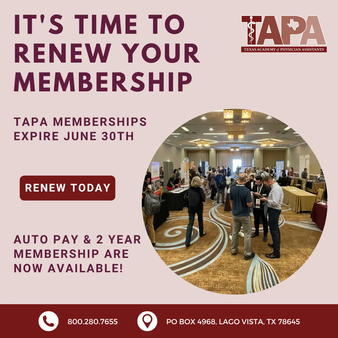 It's time to renew your TAPA membership! 🎉 We're celebrating our accomplishments and looking forward to an exciting future.  #TAPAsGotYourBack #PAsGoBeyond #TexasPAs #TAPA #PhysicianAssistant #PhysicianAssociate #PAsofTexas #PALeadership